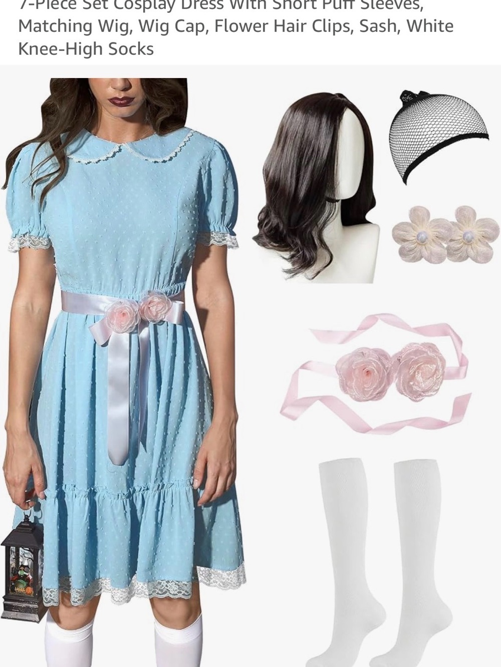 Halloween Costume- Shining Twins Light Blue Doll Dress with Pink Floral Sash